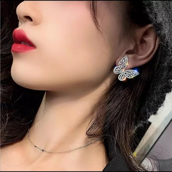 Big Silver Butterfly Crystals Earrings - Picture 2 of 5